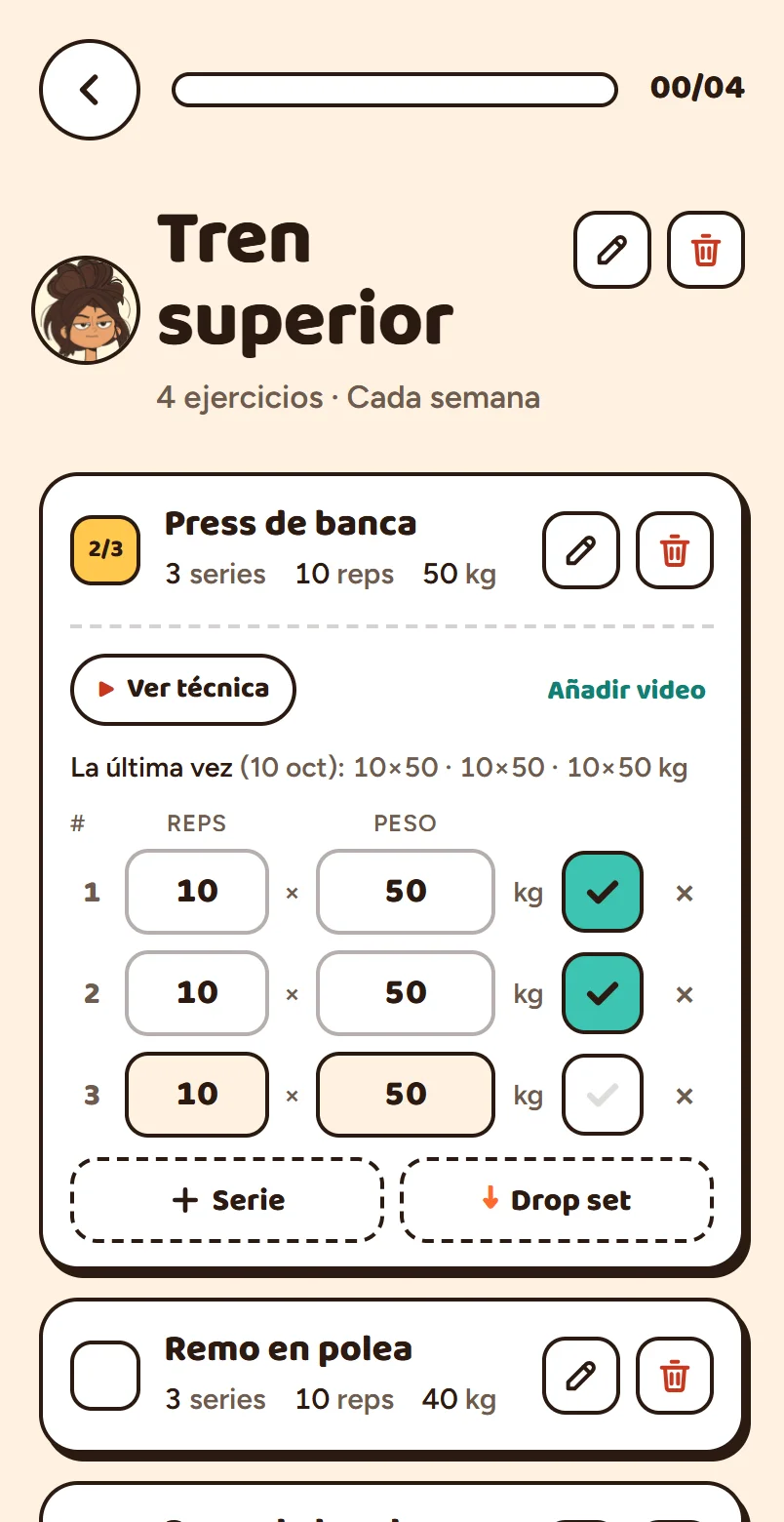 Registra cada repetición y peso.